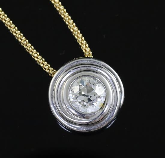 An 18ct white gold and solitaire diamond pendant, on an 18ct gold fine link chain, pendant 16mm.